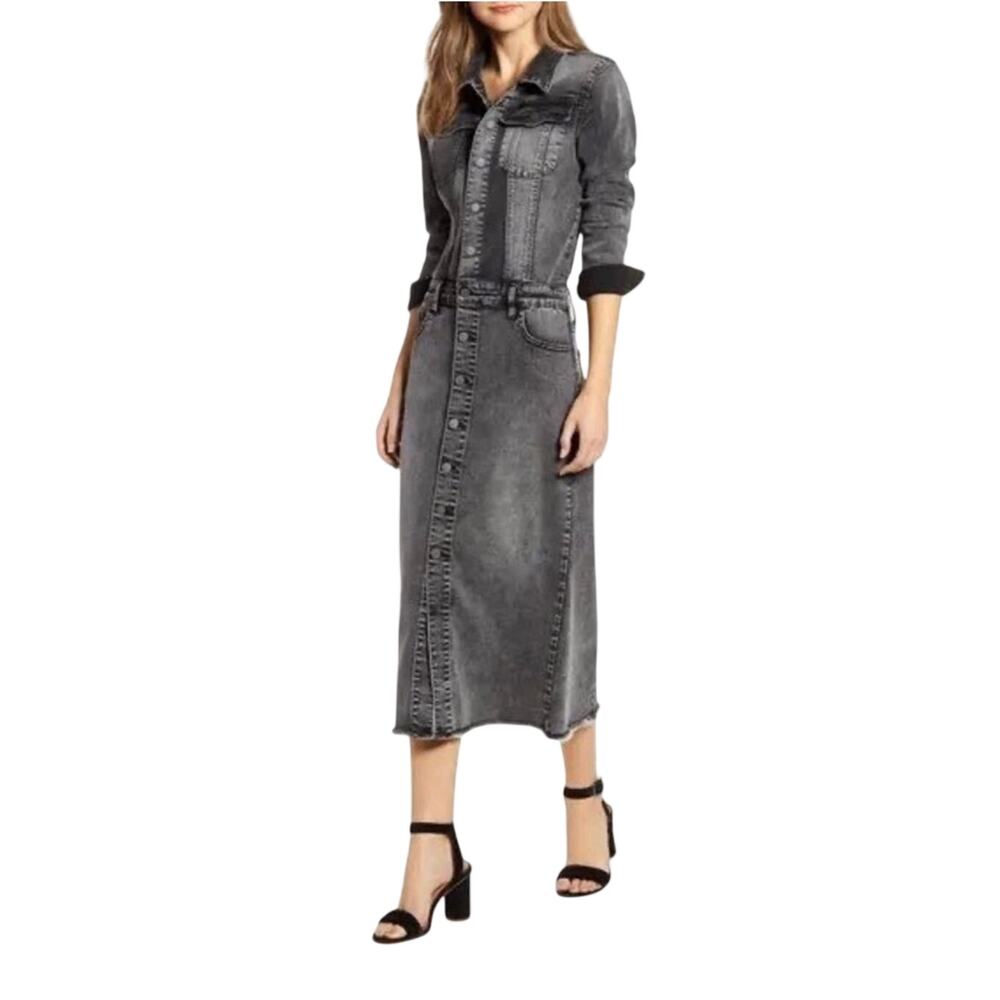 WASH LAB Women’s Gray Wash Denim Button Front Midi Shirt Dress